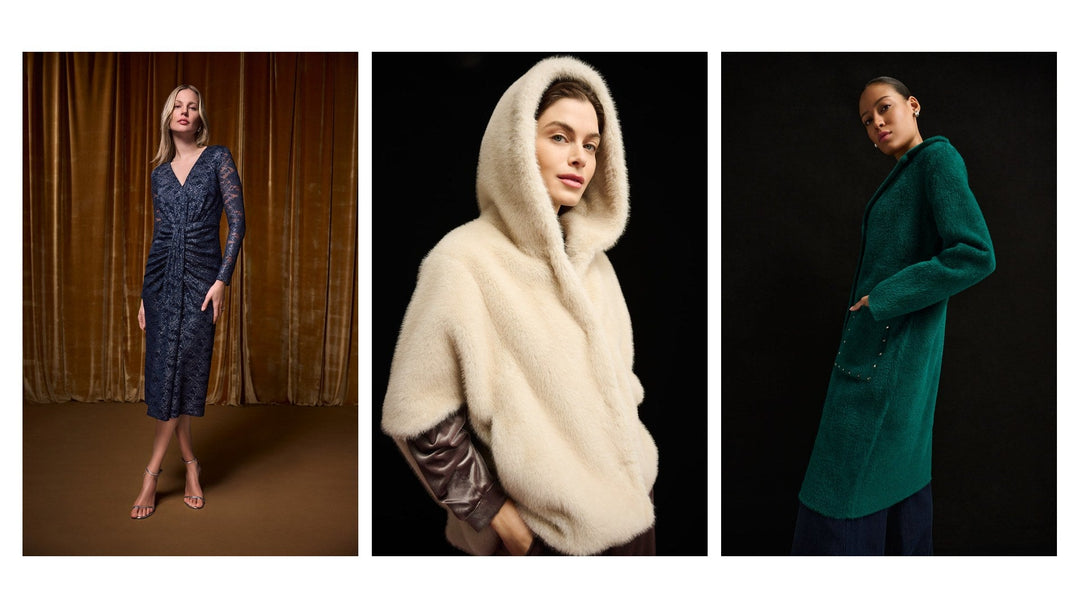 Joseph Ribkoff Winter 2026 holiday looks: foiled lace sheath dress in front of a gold velvet curtain, hooded faux fur cocoon coat and green studded sweater coat on a dark set