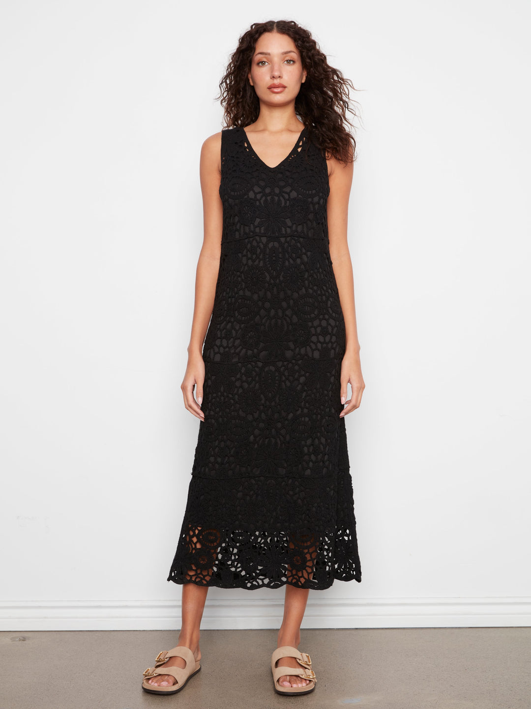 Charlie B sleeveless V-neck lined crochet dress at TYH Boutique