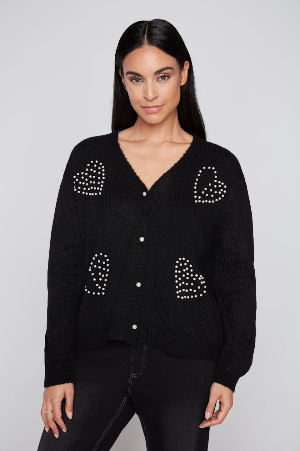 Compli K Cardigan Sweater With Pearl Buttons And Pearl Heart Designs 1007