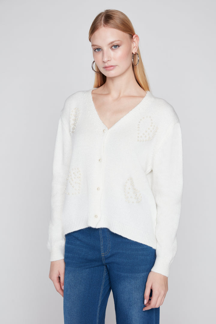 Compli K Cardigan Sweater With Pearl Buttons And Pearl Heart Designs 1007