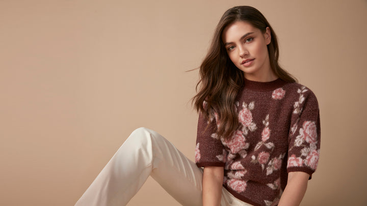 Elbow Sleeve Balloon Shape Jacquard Sweater