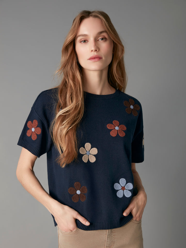 Elbow Sleeve Embroidered Flowers Crew Neck Sweater