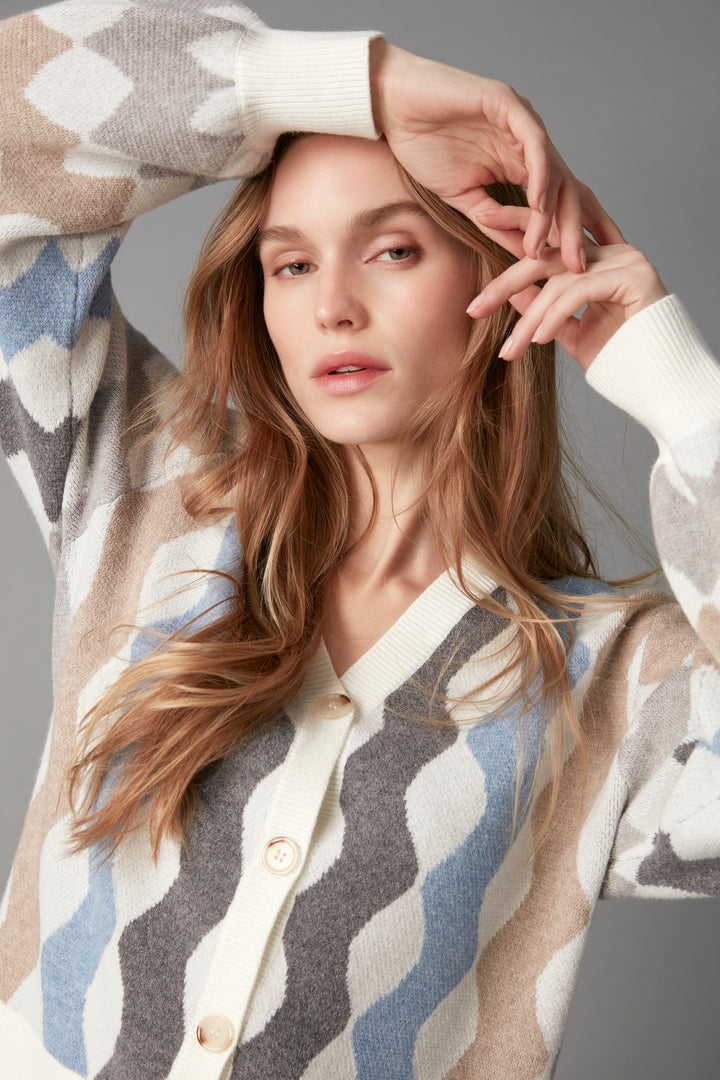 Long Sleeve V Neck Jacquard Sweater Cardigan WIth Buttons