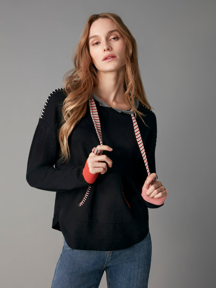 Long Sleeve Round Hem Hooded Sweater with Contrast Detail