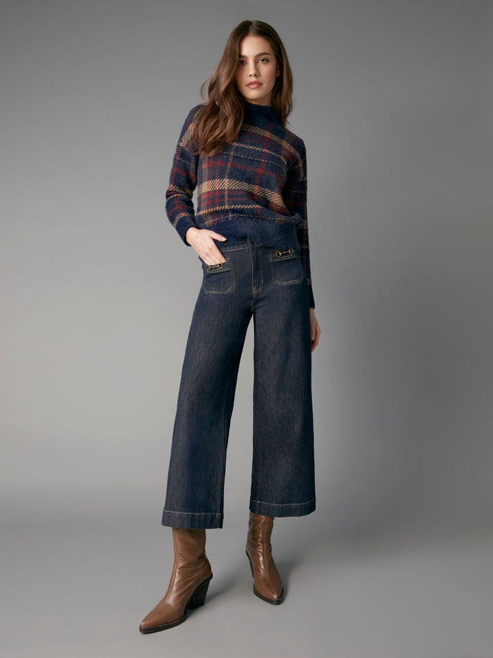 Cropped Insert Pocket With Horsebit Wide Leg Stretch Denim Pants