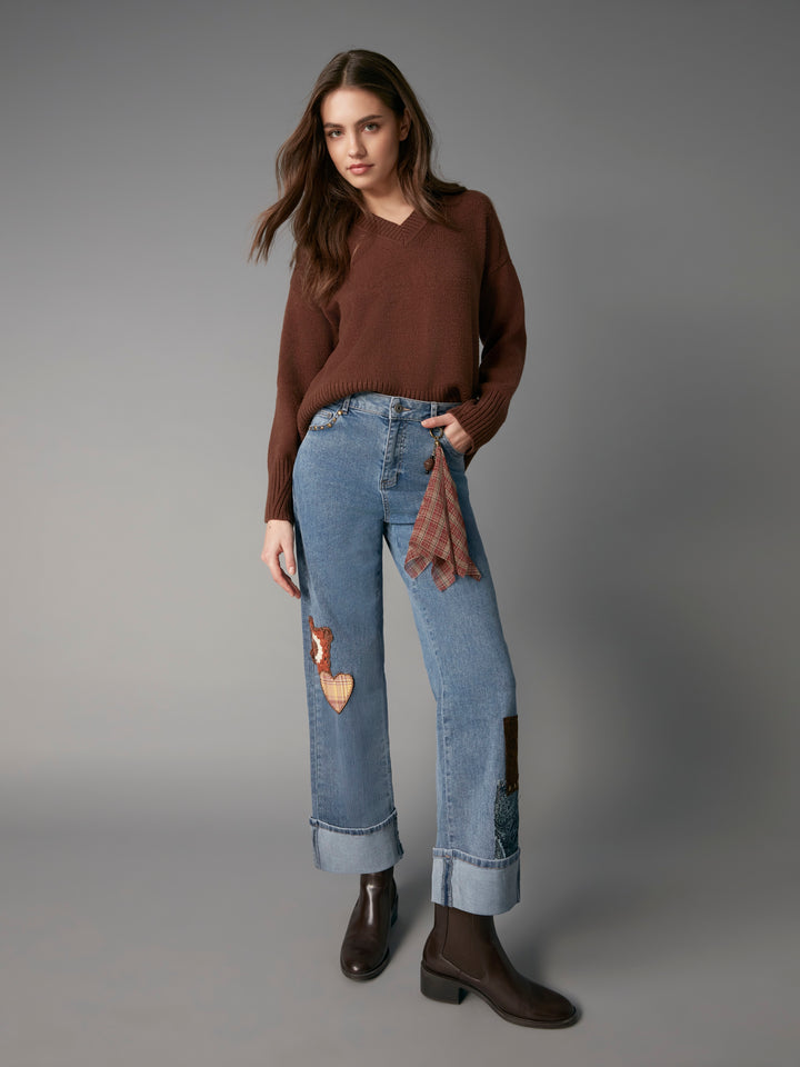 Long Sleeve Drop Shoulder V Neck Sweater With Fully Fashion Rib Detail