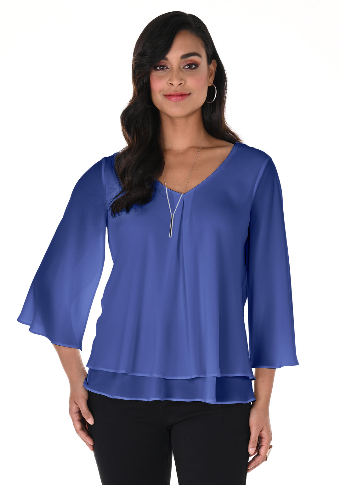 V-Neck Pullover Top with Flowing Silhouette Style 176335Ext