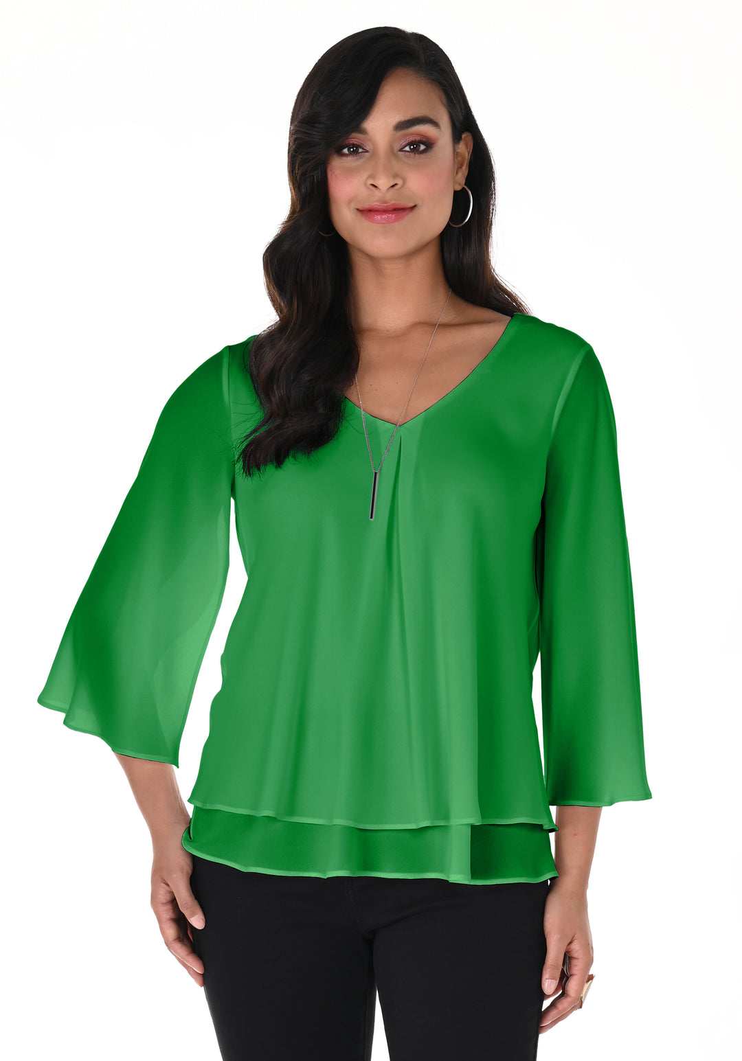 V-Neck Pullover Top with Flowing Silhouette Style 176335Ext