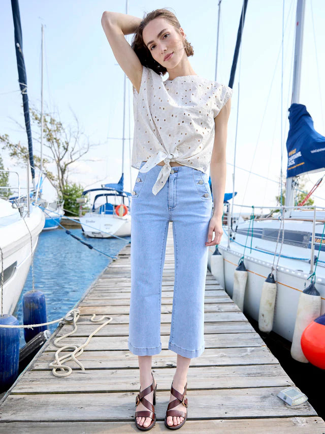Foil Print Cap Sleeve Front Tie Eyelet Pop-Over Blouse
