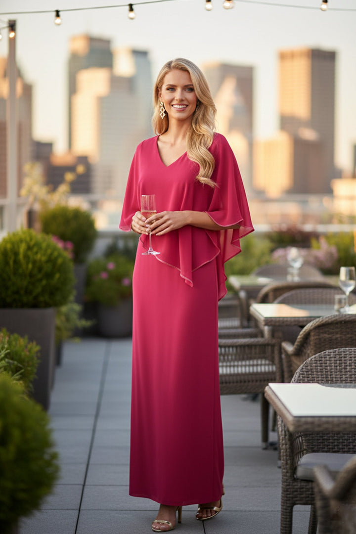 Silky Knit Chiffon Layered Gown with Cape 221385S26