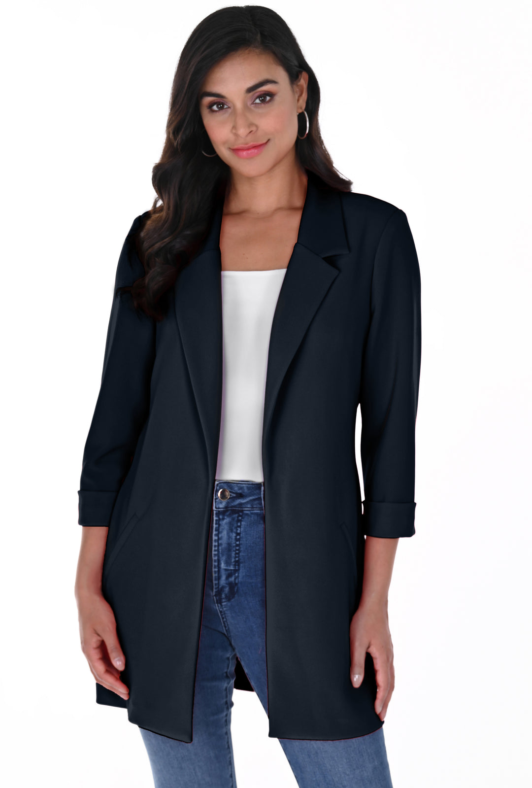 Long Open Front Collared Jacket Style 236005EXT