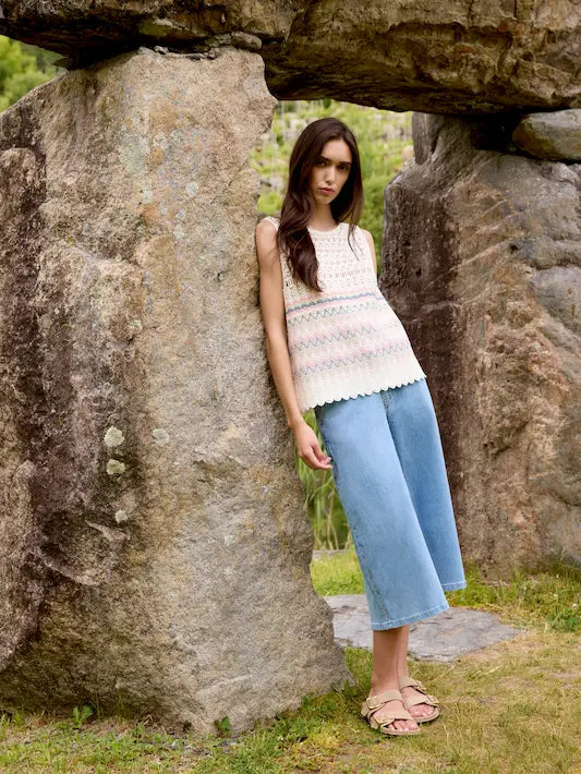 Striped Sleeveless Crochet Cotton Blend Top