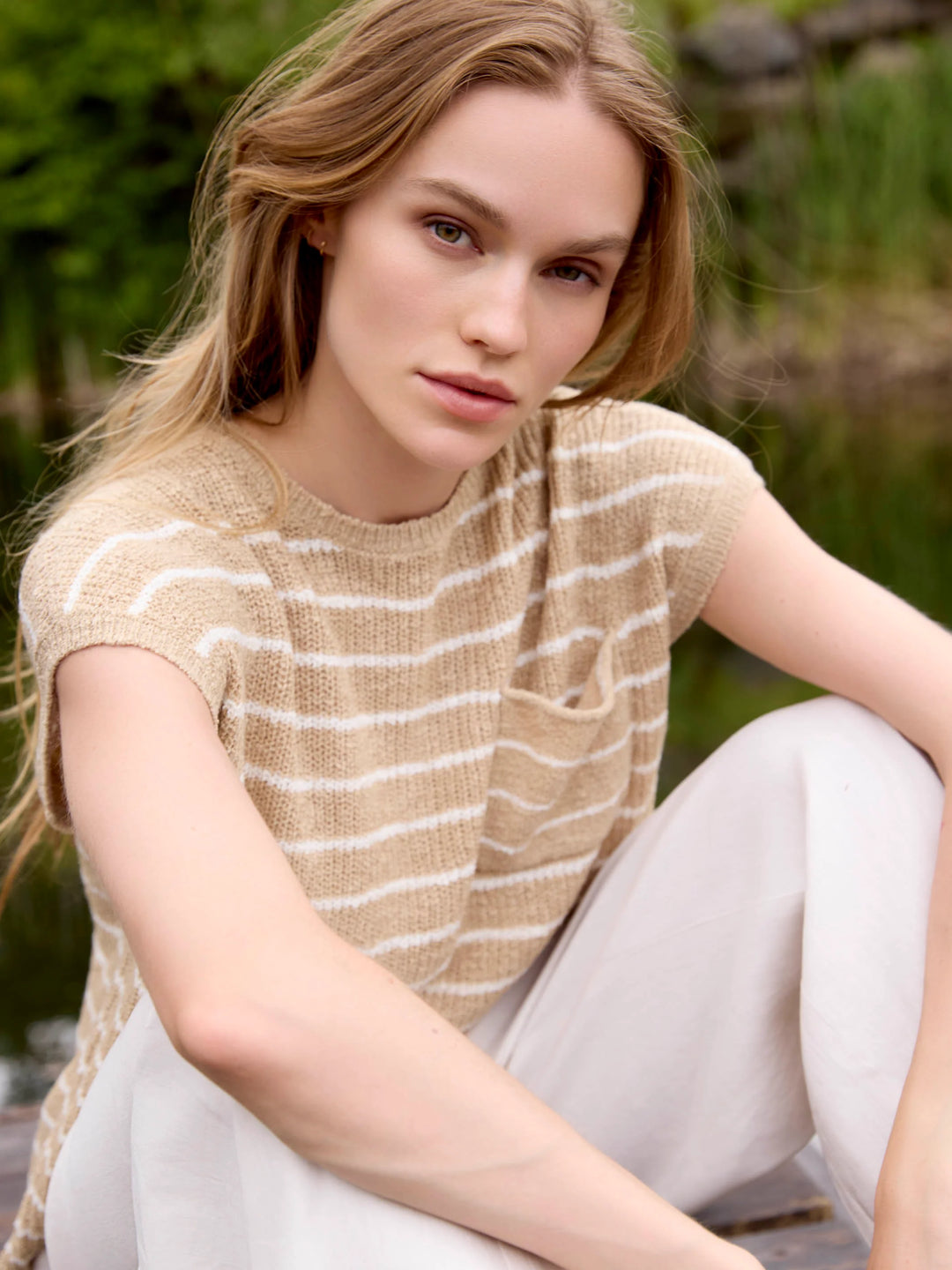 Stripped Drop Cap Sleeve Crew Neck Sweater