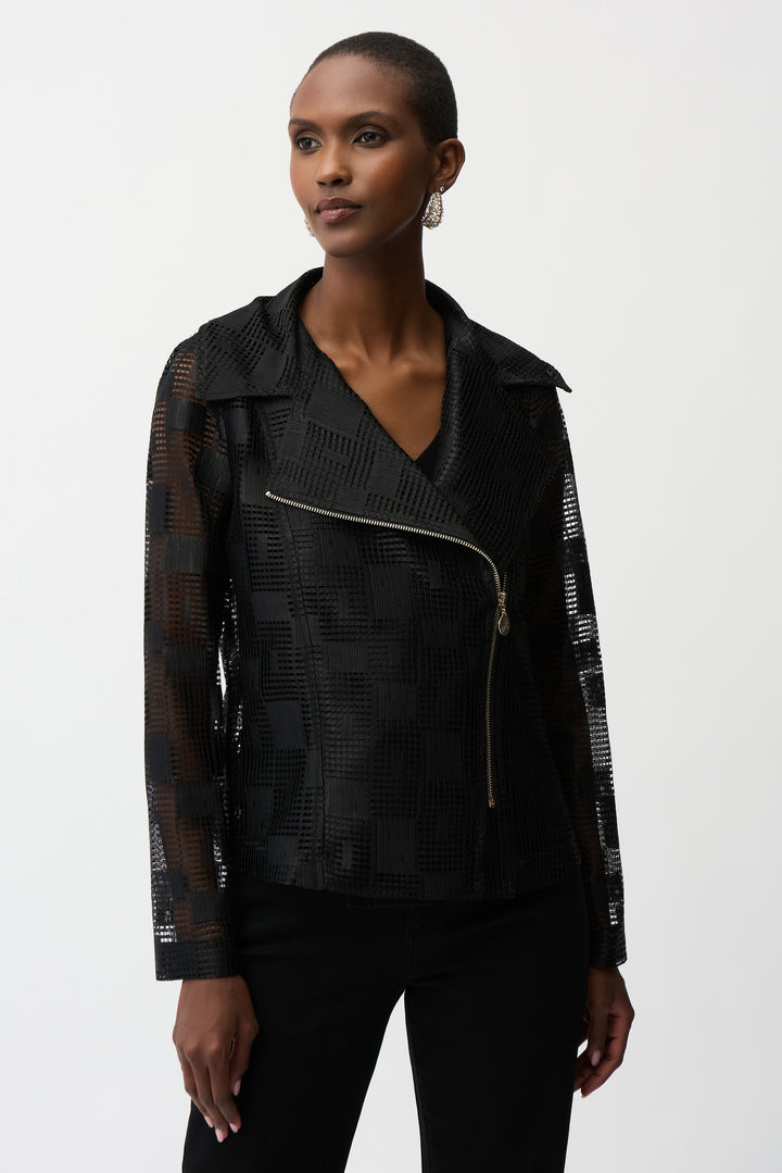 Geometric Mesh Moto Jacket With Asymmetric Ziipper 261074