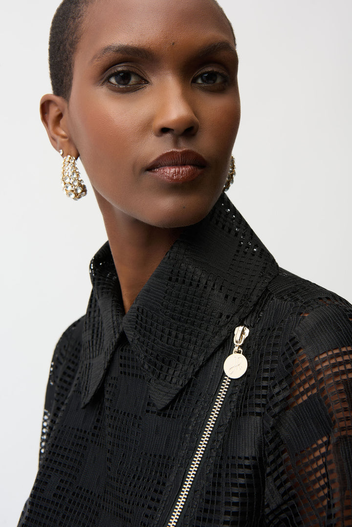 Geometric Mesh Moto Jacket With Asymmetric Ziipper 261074