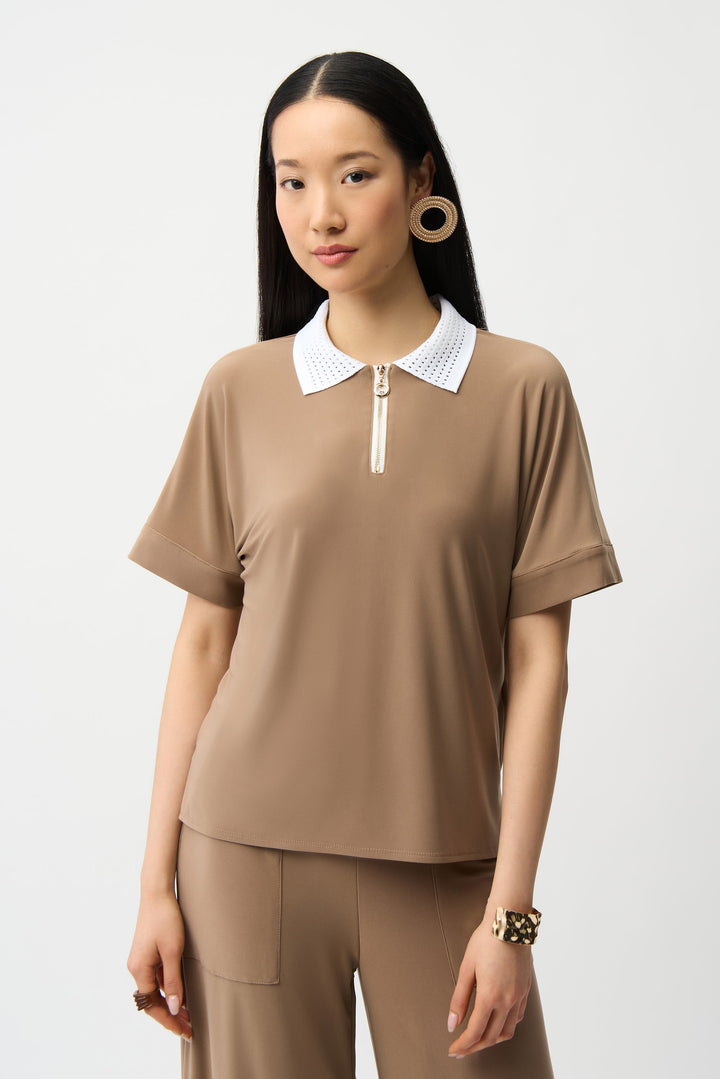 Silky Knit Boxy Top With Polo Collar 261164