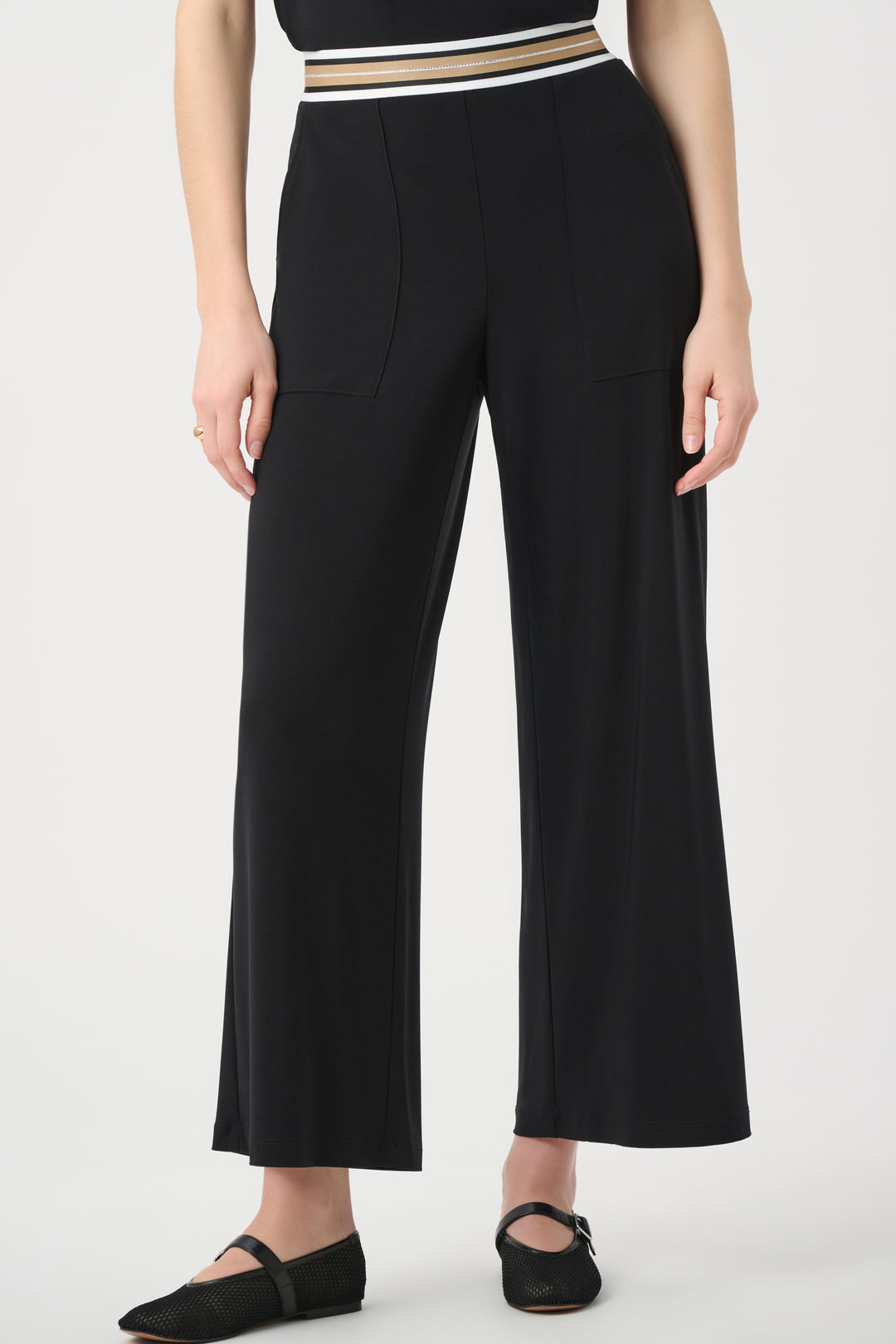 Silky Knit Wide Leg Pull-On Pants With Stripe Waistband 261165