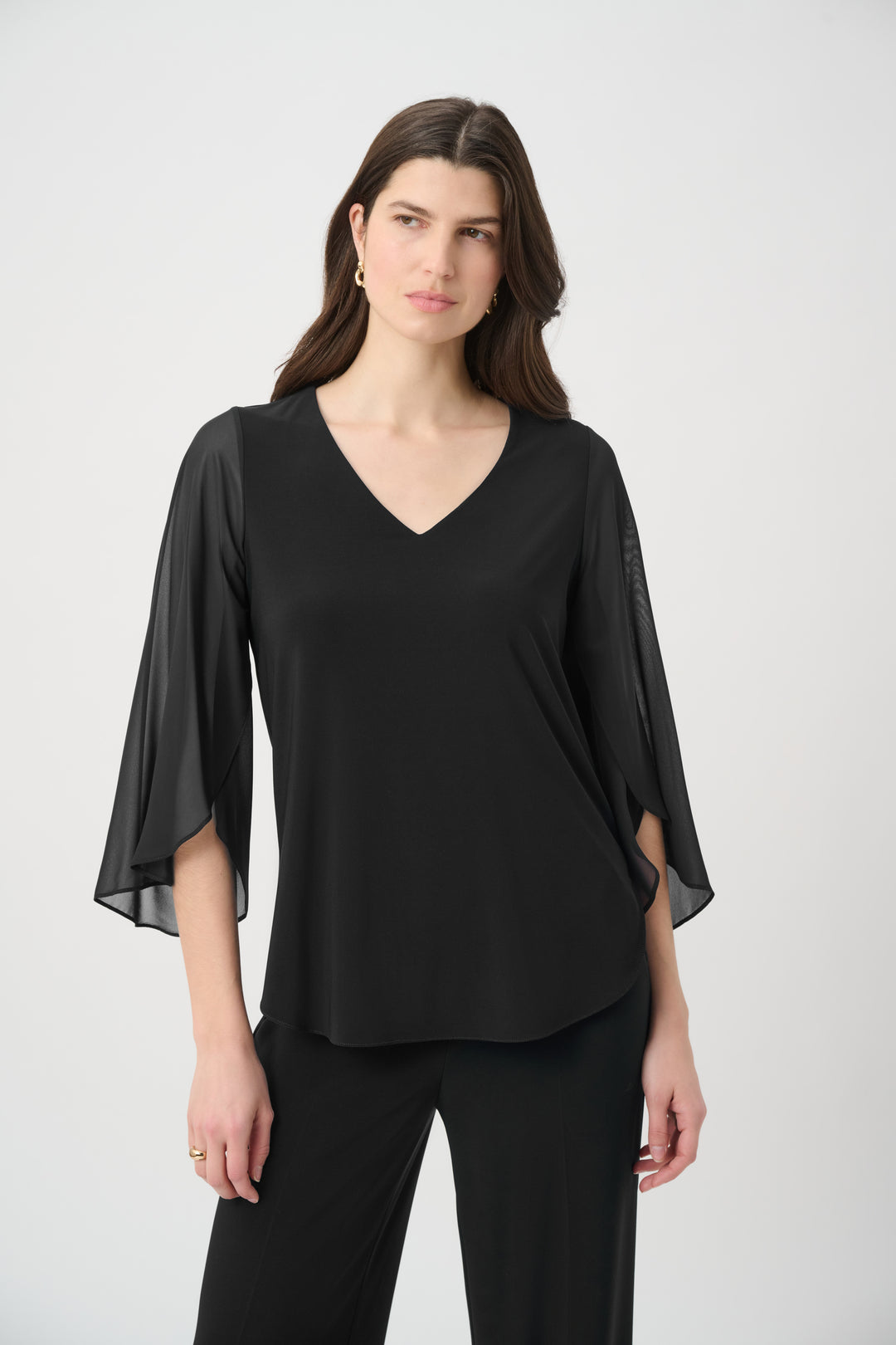 Silky Knit Straight Tunic With Chiffon Tulip Sleeves 261183