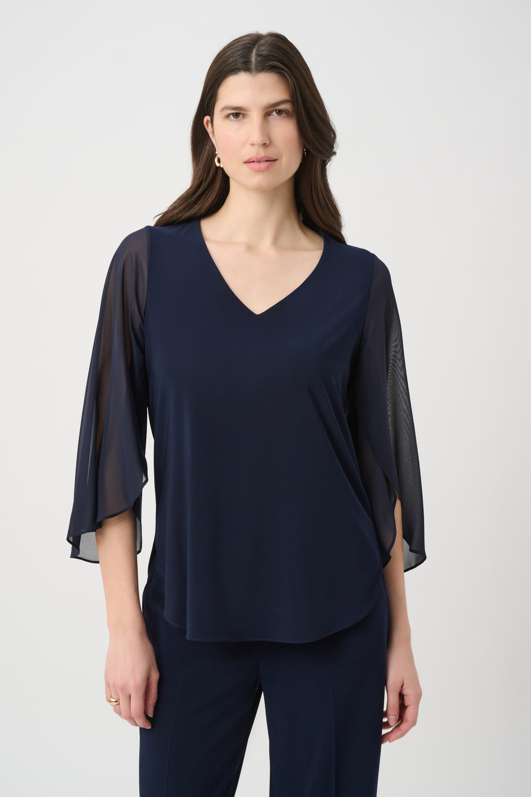 Silky Knit Straight Tunic With Chiffon Tulip Sleeves 261183