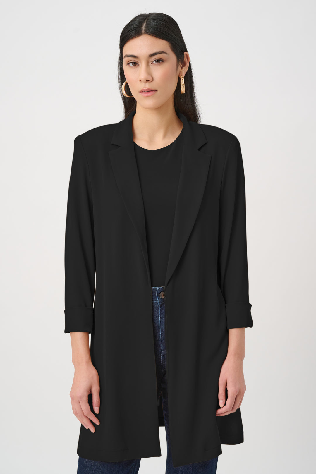 Woven Twill Longline Blazer With Notched Collar Style 261216F26