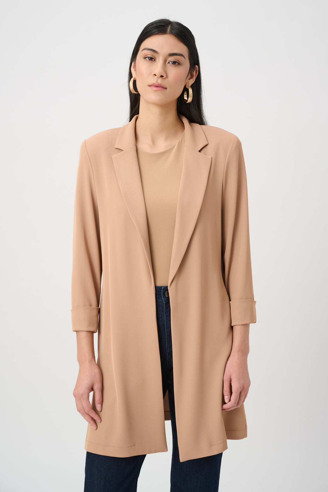Woven Twill Longline Blazer With Notched Collar Style 261216F26