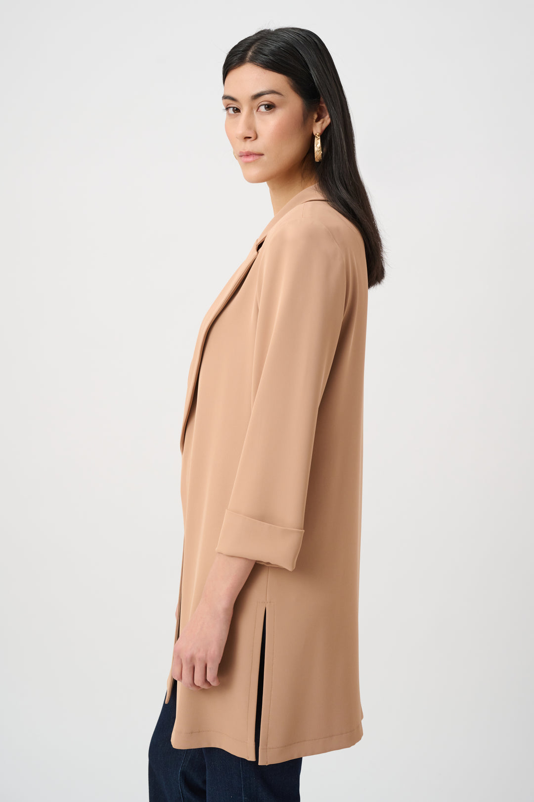 Woven Twill Longline Blazer With Notched Collar Style 261216F26