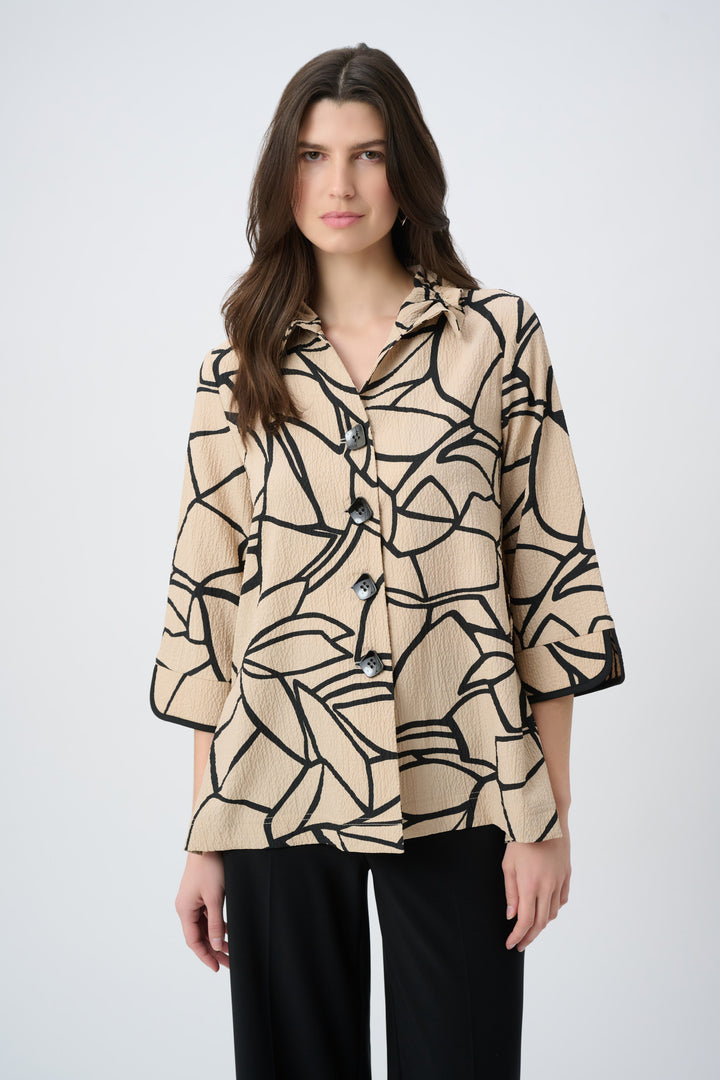 Seersucker Abstract Print Trapeze Jacket With Contrast Button 261239