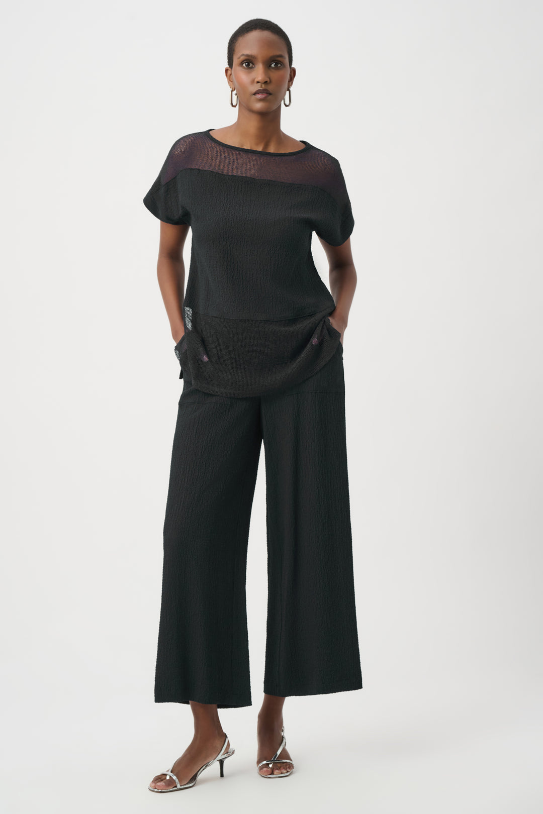 Seersucker and Mesh Boxy Top With Boat Neckline 261247