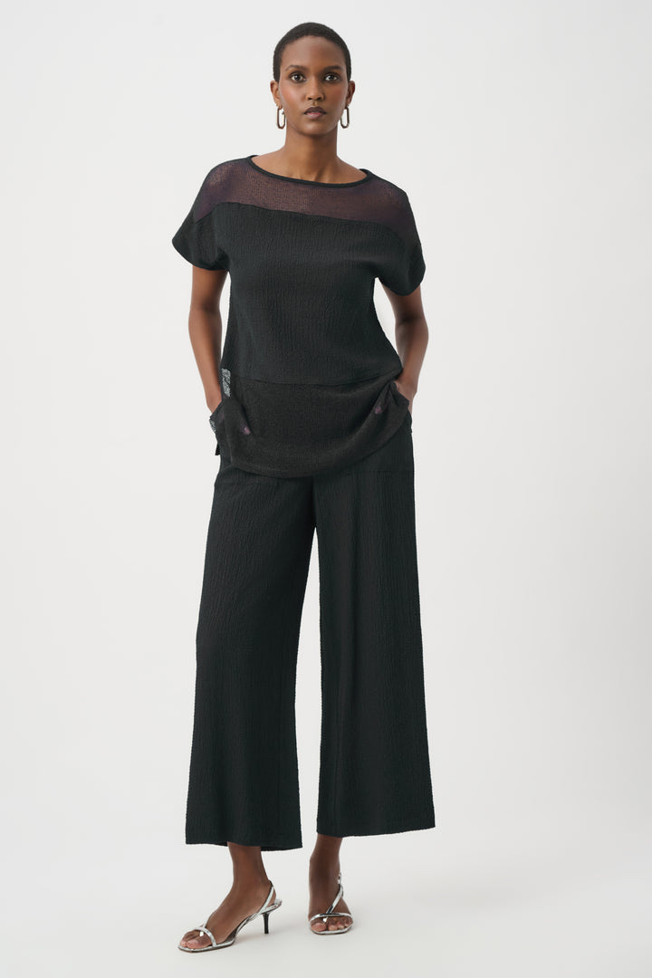 Seersucker and Mesh Boxy Top With Boat Neckline 261247