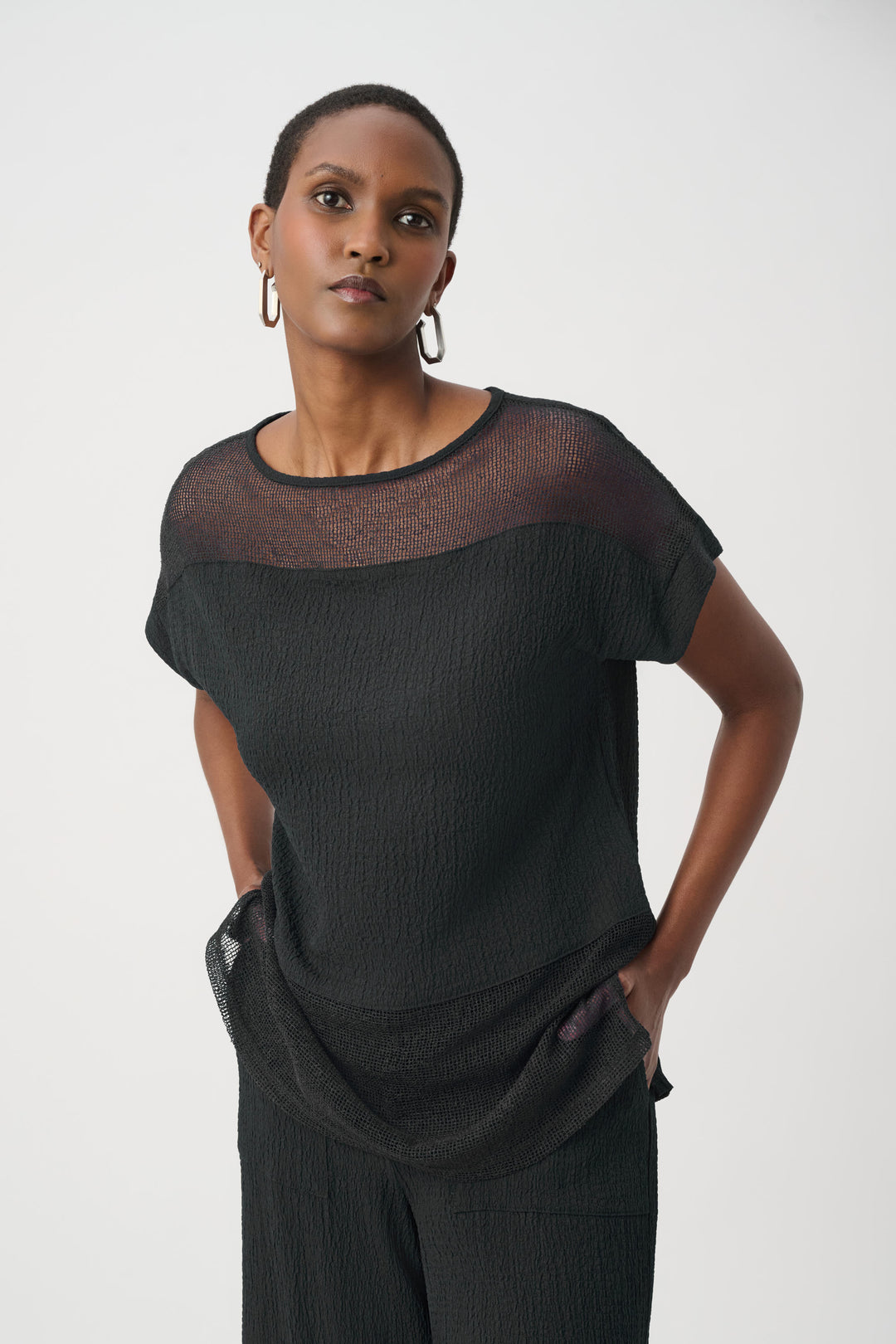 Seersucker and Mesh Boxy Top With Boat Neckline 261247