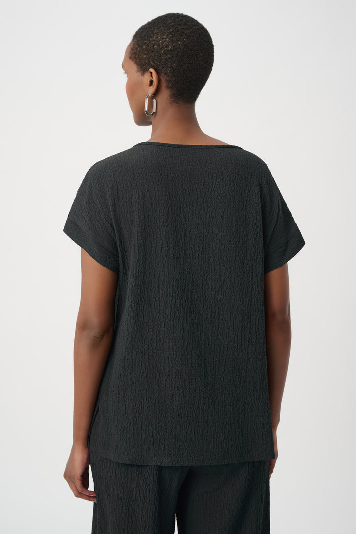 Seersucker and Mesh Boxy Top With Boat Neckline 261247