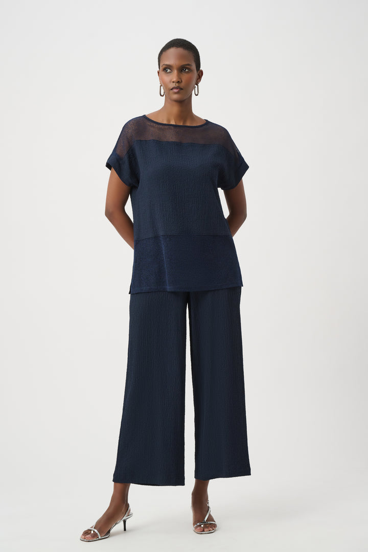 Seersucker and Mesh Boxy Top With Boat Neckline 261247