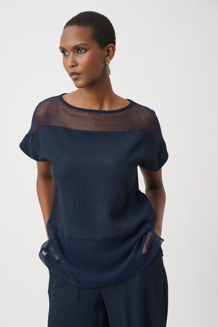 Seersucker and Mesh Boxy Top With Boat Neckline 261247