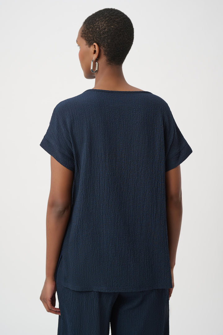 Seersucker and Mesh Boxy Top With Boat Neckline 261247