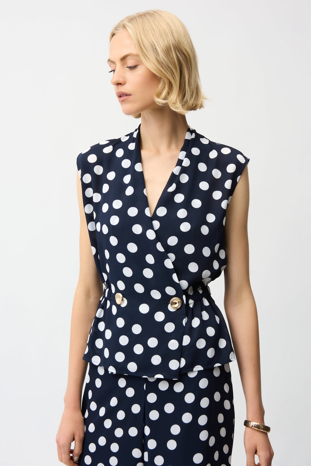 Georgette Dot Print Wrap Peplum Top With Gold Buttons 261250