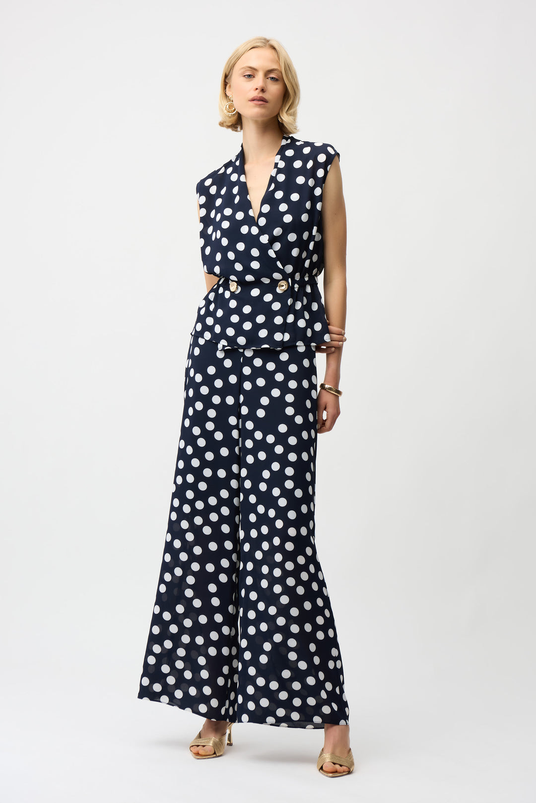 Georgette Dot Print Wrap Peplum Top With Gold Buttons 261250
