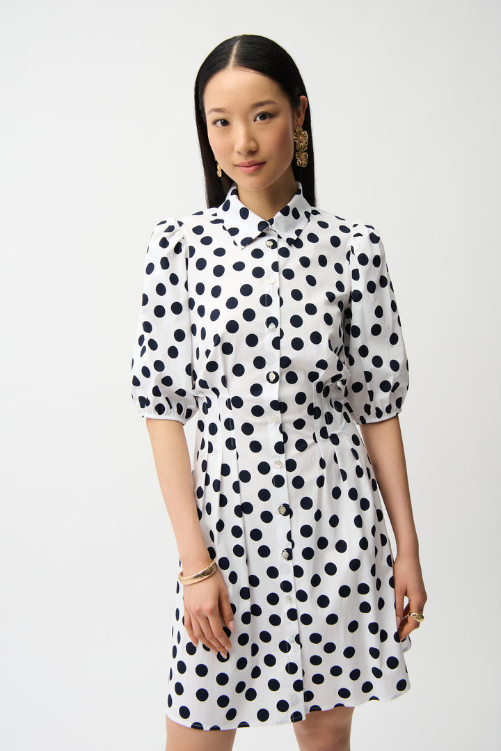 Stretch Poplin Dot Print A-Line Shirt Dress With Puff Sleeves 261262