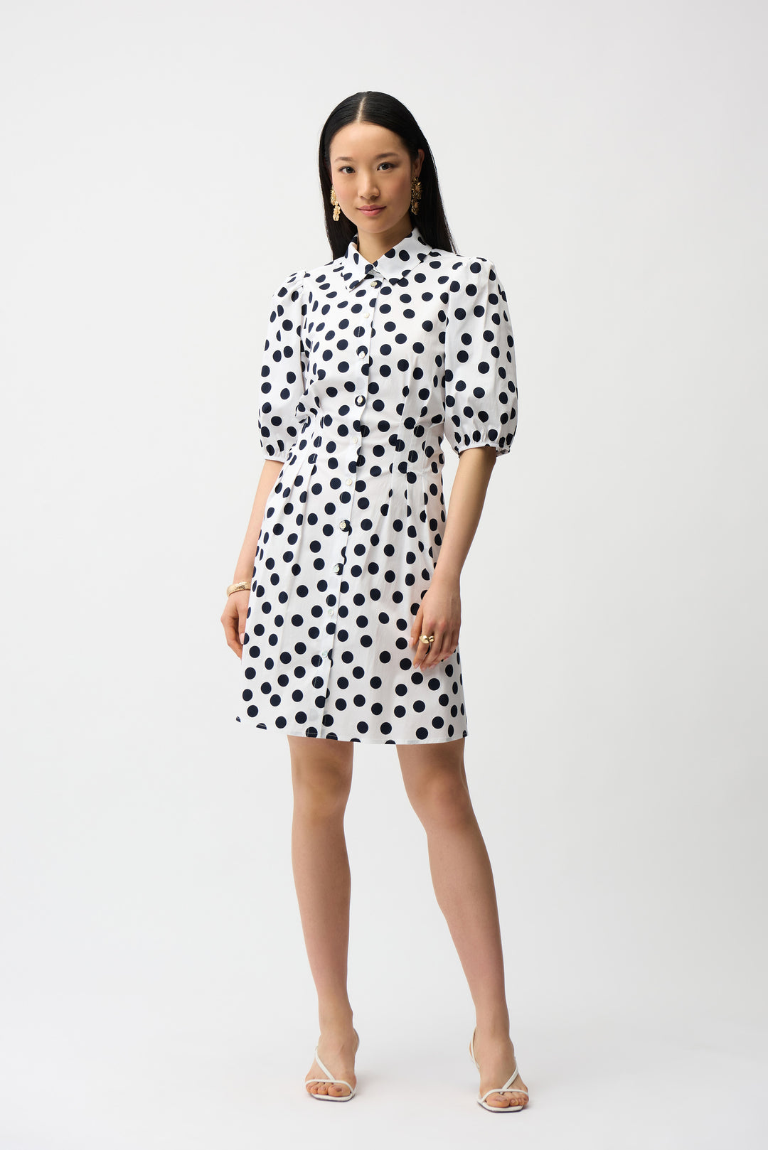 Stretch Poplin Dot Print A-Line Shirt Dress With Puff Sleeves 261262