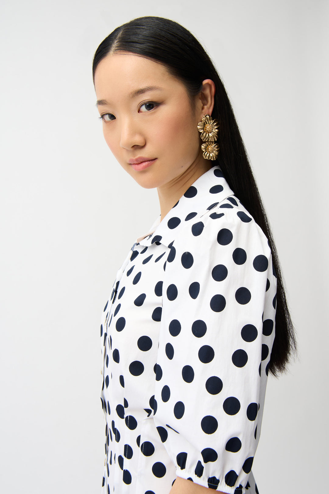 Stretch Poplin Dot Print A-Line Shirt Dress With Puff Sleeves 261262