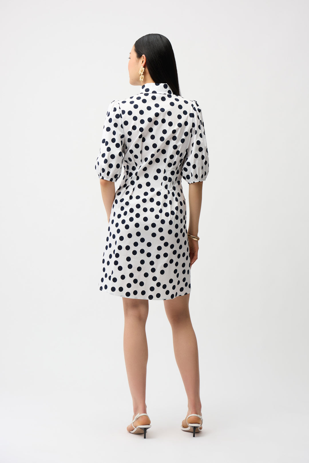 Stretch Poplin Dot Print A-Line Shirt Dress With Puff Sleeves 261262