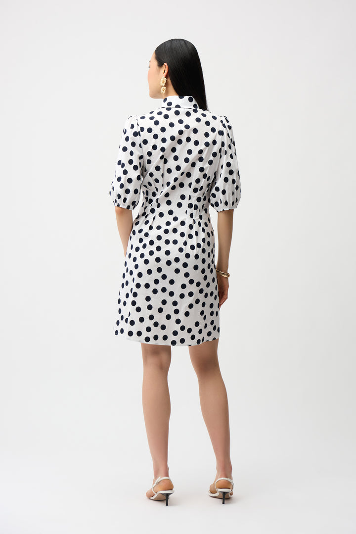 Stretch Poplin Dot Print A-Line Shirt Dress With Puff Sleeves 261262