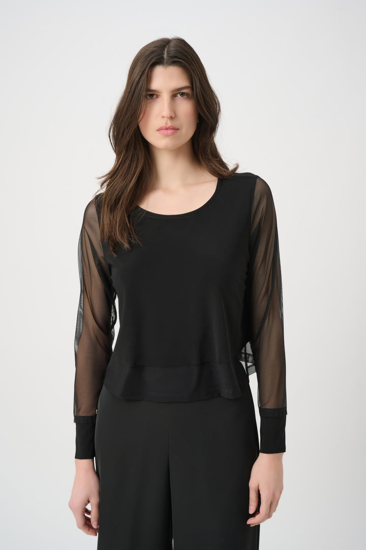 Silky Knit Crewneck Top With Mesh Sleeves and Layered Lining 261278