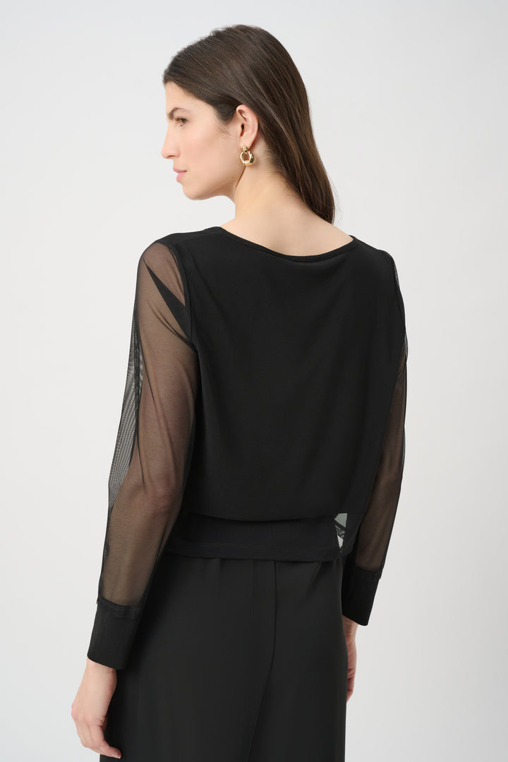 Silky Knit Crewneck Top With Mesh Sleeves and Layered Lining 261278