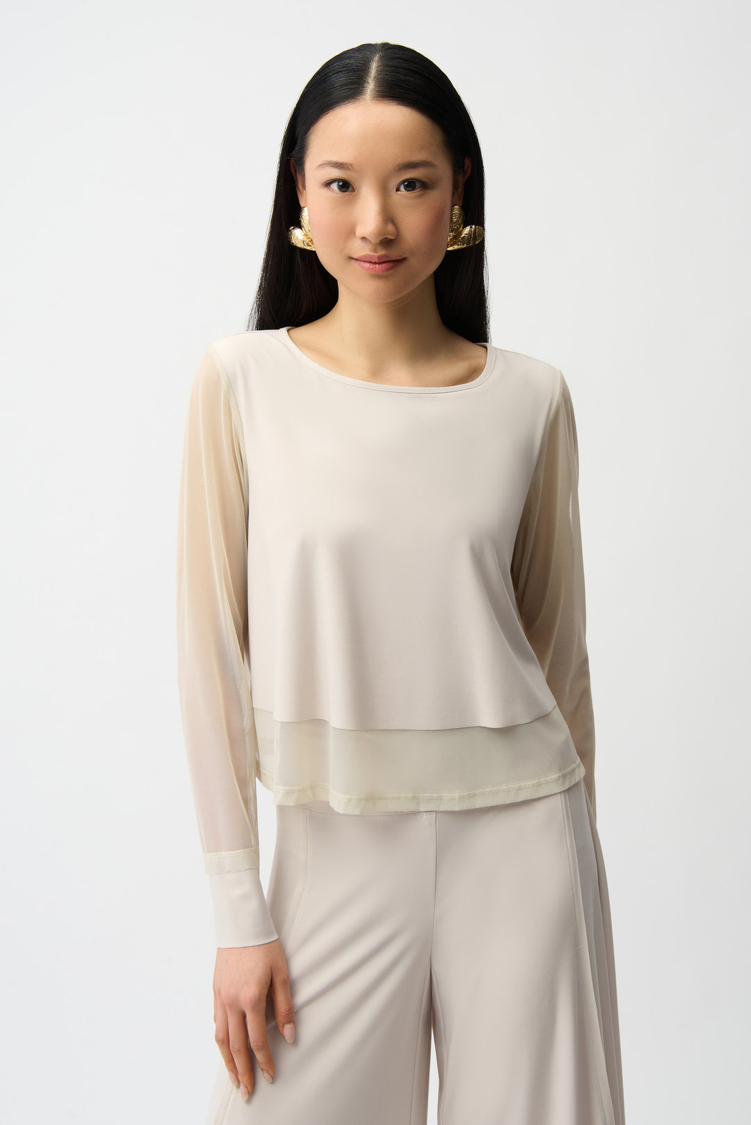 Silky Knit Crewneck Top With Mesh Sleeves and Layered Lining 261278