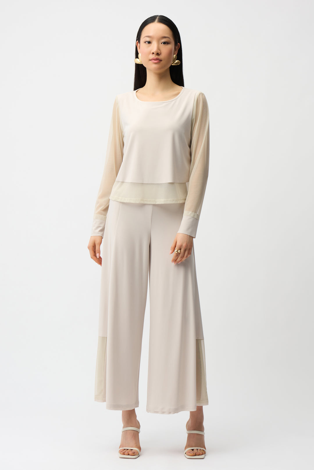 Silky Knit Crewneck Top With Mesh Sleeves and Layered Lining 261278