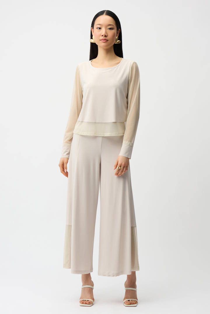 Silky Knit Crewneck Top With Mesh Sleeves and Layered Lining 261278