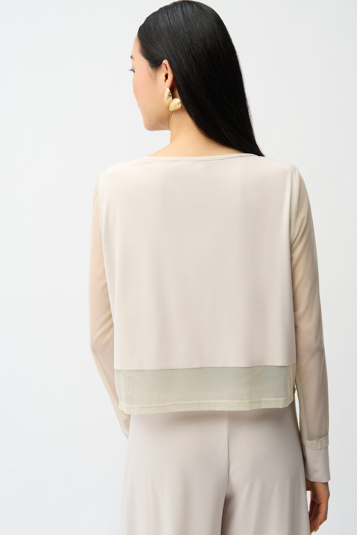 Silky Knit Crewneck Top With Mesh Sleeves and Layered Lining 261278