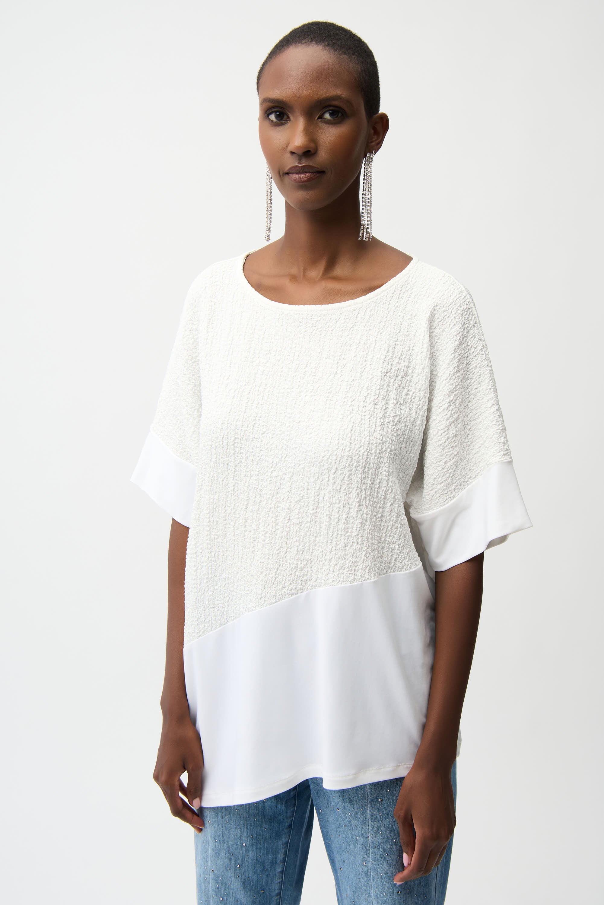 Joseph Ribkoff Seersucker And Silky Knit Asymmetrical Top 261280