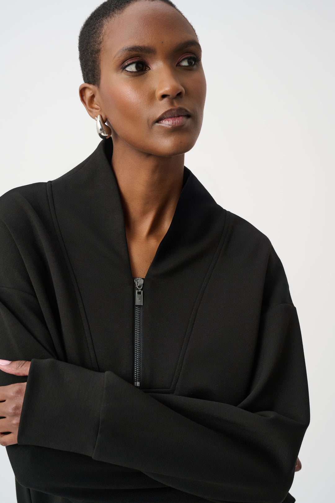 Scuba Jersey Boxy Sweatshirt With High Collar and Front Zipper 261610