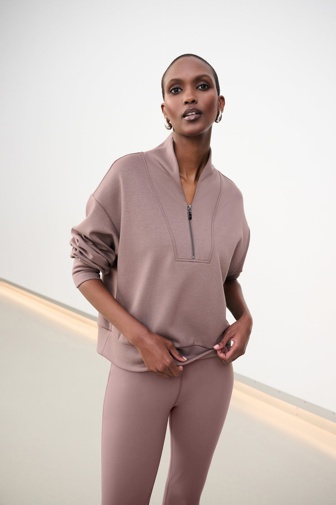 Scuba Jersey Boxy Sweatshirt With High Collar and Front Zipper Style 261610F26